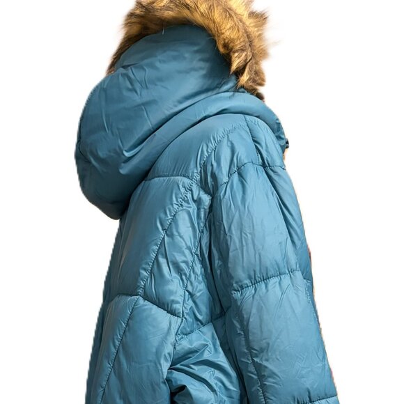 Womens Winter Coat with Fur Trim Hood-Teal with Brown Faux Fur, sz 3X - Picture 8 of 13